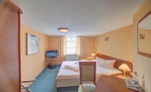 Cette chambre comprend un lit, un bureau et une télévision. dans l'établissement Hotel Maximilian, à Zeitz