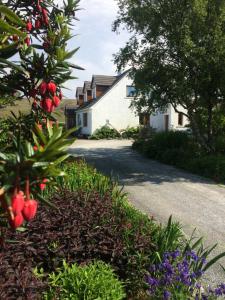 a house with a tree and flowers in front of a driveway at The Lovecroft Guest House in Laide