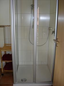 a shower with a glass door in a bathroom at Ferienhaus Beyer in Unterwössen