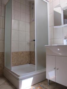 una ducha con una puerta de cristal junto a un lavabo en Apartmani Stille, en Karlobag
