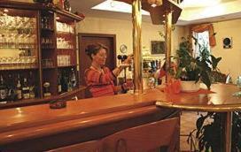 a woman sitting at a bar in front of a mirror at Waldpension zum Felsenkeller in Lichtenfels-Sachsenberg