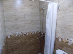 ein Bad mit Dusche und Duschvorhang in der Unterkunft guesthouse 26 in Mzcheta