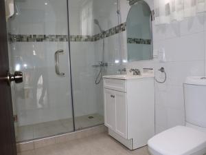 a bathroom with a shower and a sink and a toilet at Jaria Apartments in Accra
