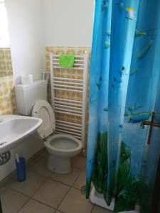a bathroom with a toilet and a blue shower curtain at Bungalow Gambaro 2 in Cavallino-Treporti