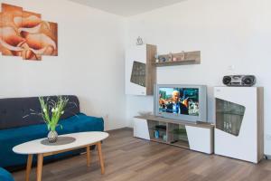 ein Wohnzimmer mit einem blauen Sofa und einem TV in der Unterkunft Ricci Apartment in Trogir
