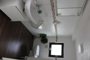 a small bathroom with a toilet and a mirror at Casa Metzjersch in Gemünden +18 photos