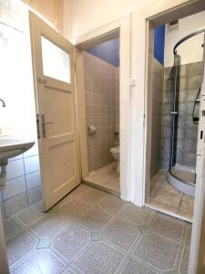 シュクラルスカ・ポレンバにあるIzerski Kamienのバスルーム(シャワー、トイレ付)、ドアが備わります。