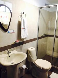 La salle de bains est pourvue de toilettes, d'un lavabo et d'une douche. dans l'établissement Hotel San José Ipiales, à Ipiales