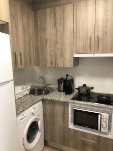 cocina con lavadora y fregadero en Apartaments L`Ametller, en Cervera