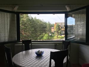 une table et des chaises dans une chambre avec une grande fenêtre dans l'établissement Apartment Vila Jezero, à Zlatibor