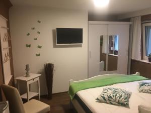 ein Schlafzimmer mit einem Bett und einem TV an der Wand in der Unterkunft Ferienwohnung "Zur Glocke" in Burg