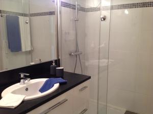 a bathroom with a sink and a glass shower at L'appart des lutins in Pornic +29 photos