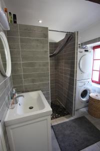 a bathroom with a sink and a washing machine at Gîte des Cochards in Seigy