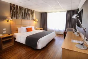 Habitación de hotel con cama grande y escritorio. en Xima Exclusive Puno, en Puno