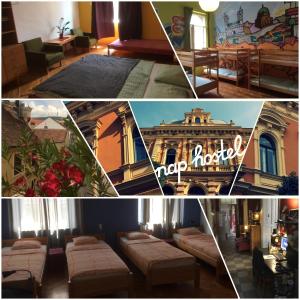 un collage de fotos de una habitación de hotel en Nap Hostel Pécs en Pécs