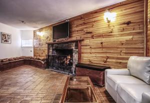 a living room with a couch and a fireplace at Selwyn Star Motel in Adaminaby