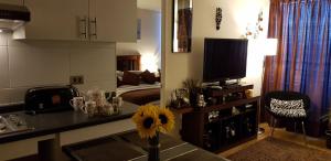 cocina y sala de estar con mesa y TV en Eco Alameda, en Santiago