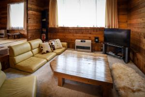 a living room with a couch and a tv at Woodpecker Chalet in Hakuba
