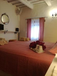 a room with a bed with a red checkered table cloth at Il Gallo Del Vicino in Monte Urano