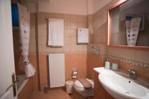 a bathroom with a sink and a toilet and a mirror at Mary's House in Lefkada Town +27 photos