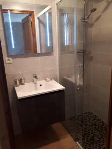 a bathroom with a sink and a glass shower at chambre d'hôte Chez Tourache in Saint-Jacques-en-Valgodemard