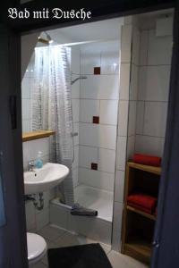 a bathroom with a shower and a sink and a toilet at Ferienhaus Mien Hüsing in Stralsund