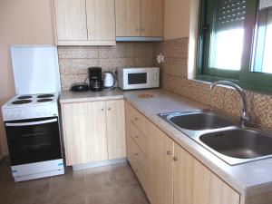 a kitchen with a sink and a stove and a microwave at Porto Katsiki Blu in Athani