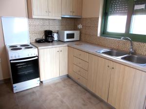 a kitchen with a white stove top oven next to a sink at Porto Katsiki Blu in Athani