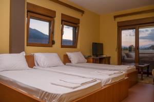 two beds in a room with two windows at Hotel Perjanik in Danilovgrad