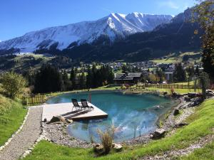 a pond with two chairs in the middle of a mountain at Boutique Hotel Herzhof - Garni-Appartements - Adults Only in Riezlern