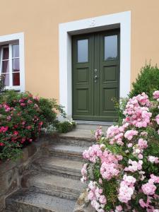 a green door on a house with pink flowers at Ferienwohnung am Spreeradweg in Bautzen in Bautzen
