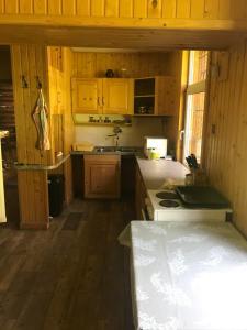 - une cuisine avec des placards en bois et un comptoir dans l'établissement Chata Vrch Varta, à Ružomberok
