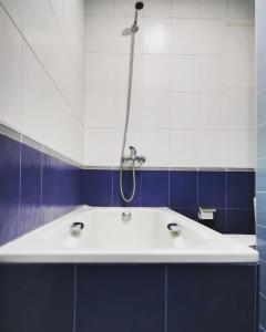 a bath tub in a bathroom with blue and white tiles at JR's House in Yerevan
