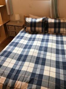 ein blau-weißes kariertes Bett in einem Schlafzimmer in der Unterkunft Apartment Elin 1 in Le Châble