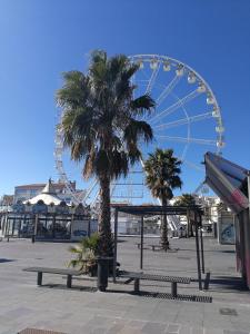 une grande roue et un parc avec des bancs et une roue dans l'établissement Cap Confort, au Cap d'Agde