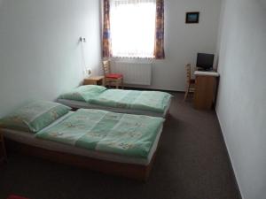 two beds in a small room with a window at Penzion u Krumlova in Srnín