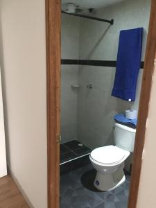 baño con aseo y toalla azul en Apt est castellana cll 97, en Bogotá