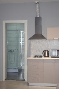 a kitchen with a shower with a sink and a stove at appartamenti premium in Batumi