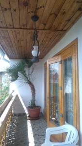 a porch with a wooden ceiling and a chair and a plant at Gerania ház in Vonyarcvashegy