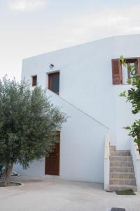a white building with a door and a tree at Villa Zacharo in Skala