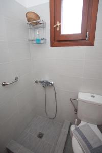 uma casa de banho com um chuveiro, um WC e uma janela. em Villa Zacharo em Skala