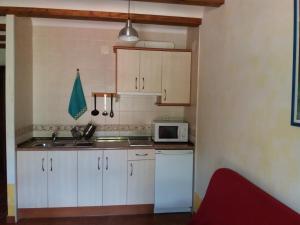 una pequeña cocina con armarios blancos y microondas en Apartamentos las Fuentes del Alto Tajo, en Peralejos de las Truchas