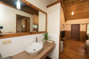 a bathroom with a white sink and a mirror at Green Forest Villa in Yilan City