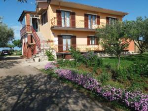 een huis met een bloementuin ervoor bij Apartman Dea in Crveni Vrh