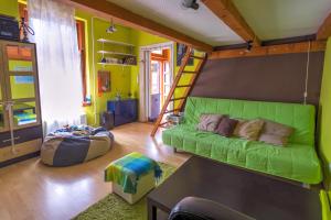 ブダペストにあるGreen Apartment Budapestのリビングルーム(緑のソファ、はしご付)