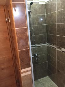 a bathroom with a shower with a glass door at B&B Izvor in Žabljak +66 photos