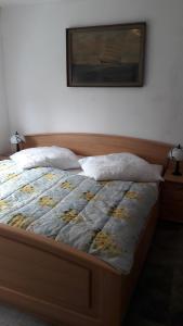 a bed with two pillows and a picture on the wall at 5 km zum Strand- ländlich und doch mittendrin - Wohnung "Ahlbeck" in Klein Ernsthof