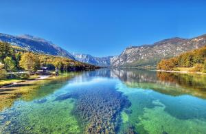 a body of water with mountains in the background at Apartments & Rooms Lipa in Bohinj