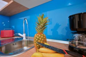 a pineapple sitting on a kitchen counter next to a sink at Sea View Luxury Apartments, ALA DA in Milna +66 photos