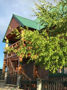 a wooden building with a green roof and a tree at Vila Krismark in Žabljak